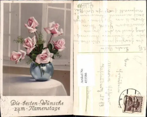 455586,Künstler AK Namenstag Rosen Vase