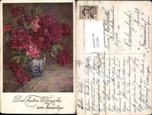 555202,Künstler AK Namenstag Blumen Vase