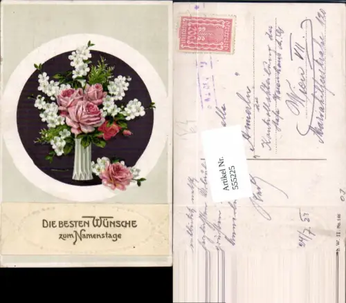 555225,Präge Lithographie Namenstag Blumen Rosen Vase