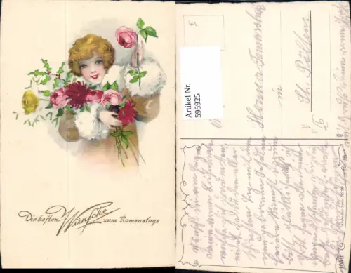 595925,Künstler Ak Namenstag Frau Pelz Mode Rosen Blumen pub HWB Alabaster Serie 3320