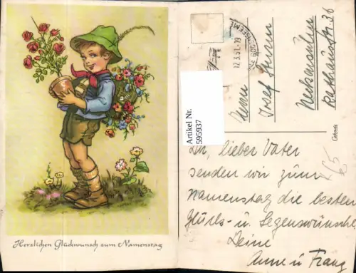 595937,Künstler Ak Namenstag Bub Junge m. Rose i. Topf Blumen Korb a. Rücken