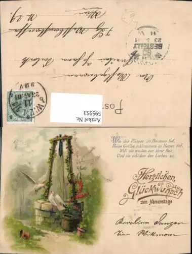 595953,Litho Namenstag Tauben b. Zugbrunnen Brunnen Spruch Liebe