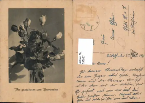 595957,Namenstag Vase m. Rosen Blumen