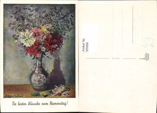 595958,Künstler Ak R. R. Ballabine Namenstag Vase m. Astern Blumen