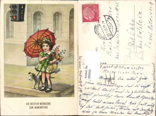 595959,Künstler Ak Namenstag Mädchen m. Geschenke Blumen Hund Sonnenschirm b. Ampel stehend
