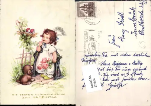 628864,Künstler Ak Kind Hund Vogelnest Namenstag