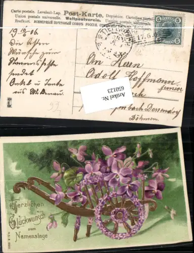 650123,Präge Lithographie Namenstag Veilchen Blumenwaggen