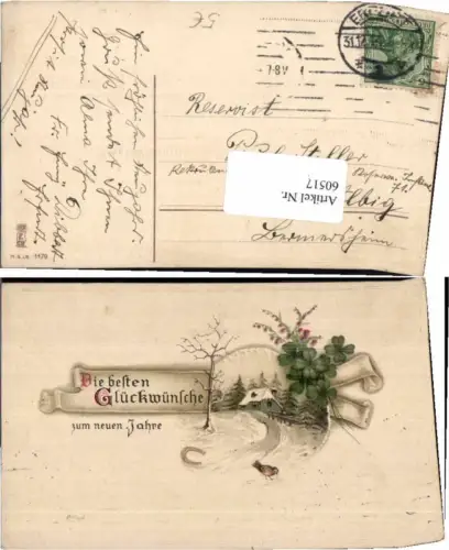 60517,Tolle Präge AK Neujahr Kleeblatt Vogel Haus Hufeisen