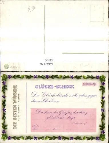 64105,Neujahr Glücks Scheck 365 Tage Ranke Blumen Klee Tannenzweige