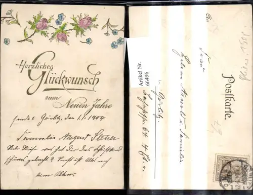 66496,Präge Litho Neujahr Blumen Rosen Blüten Vergissmeinnicht Goldschrift