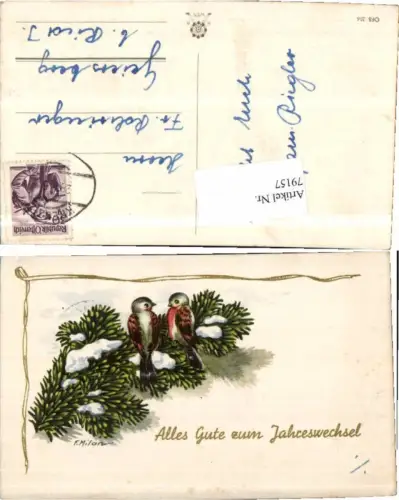 79157,Neujahr Vögel am Tannenzweig F. Milan signiert