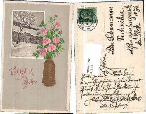 81973,Präge AK Neujahr Blumen Rosen Vase landschaft