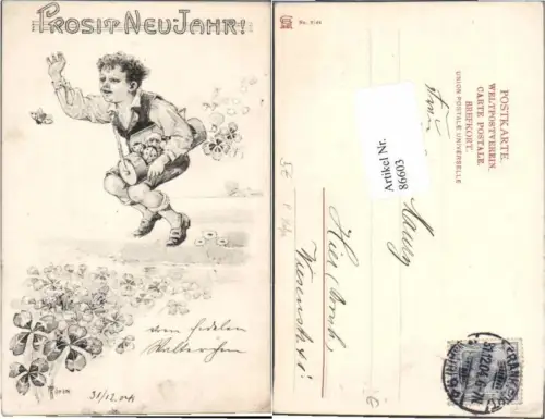 86603,Neujahr Junge fängt Marienkäfer Klee P. Hofer sign.