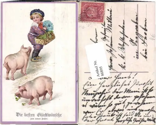 86895,Tolle Neujahr Kind füttert Ferkel m Kleeblätter Klee