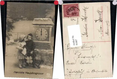 91807,Neujahr Kinder Uhr Kleeblatt Süsse AK