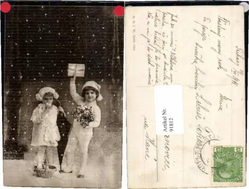 91812,Neujahr Kinder m. Brief Apfel Korb