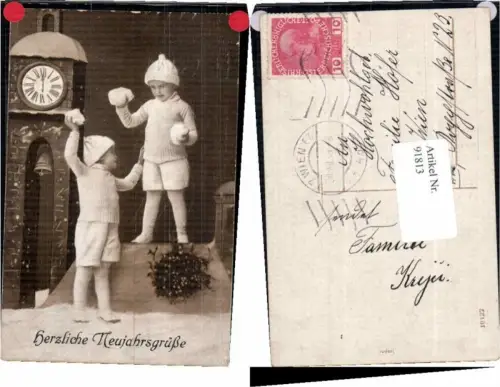 91813,Neujahr Kinder Schneeball Schneeballschlacht Uhr Glocke