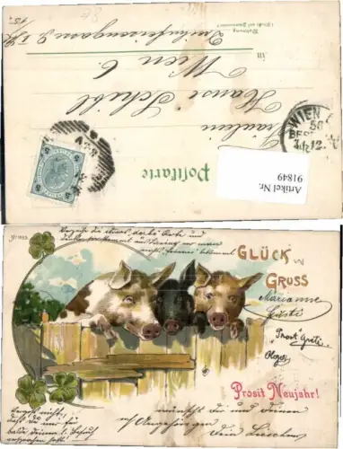91849,Tolle Litho Glück und Gruss Neujahr Ferkel Kleeblatt