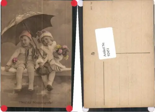 92451,Neujahr Süsse Kinder Schirm Blumen 1915