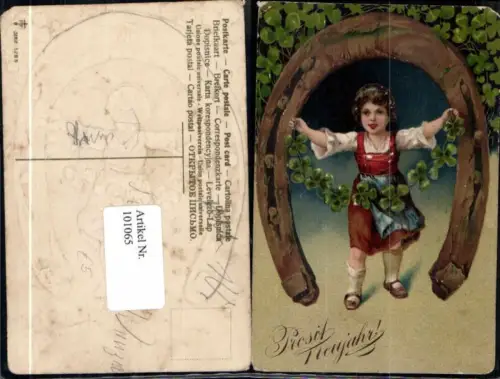 101065,Präge Neujahr Mädchen Hufeisen Kleeblatt Klee Tolle AK