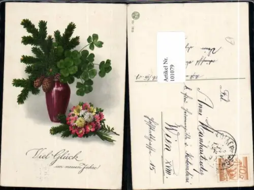 101079,Neujahr Vase Tannenzweige Tannenzapfen Klee Kleeblatt