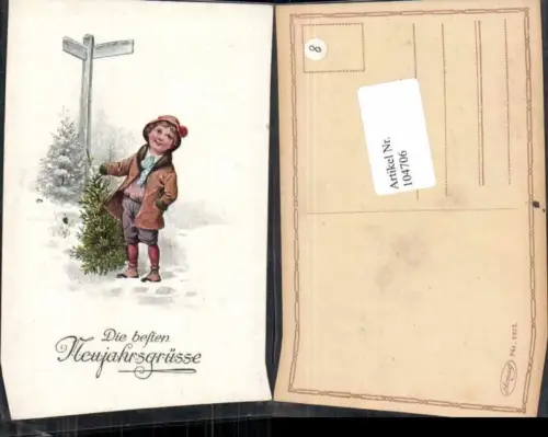 104706,Neujahr Junge Kind am Wegpfeiler Hut