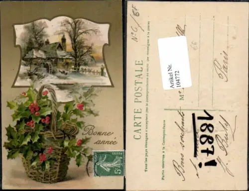 104772,Präge AK Blumenkorb Korb Blumen Disteln Wasserrad Wassermühle