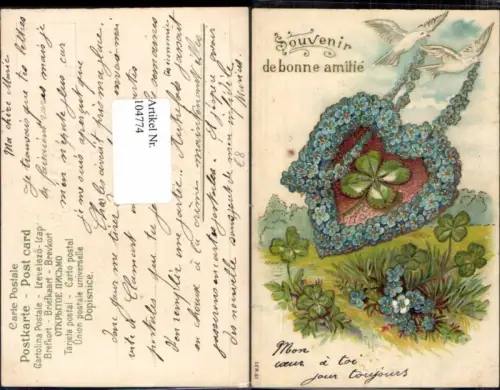 104774,Präge AK Tauben ziehen Herz aus Blumen Klee
