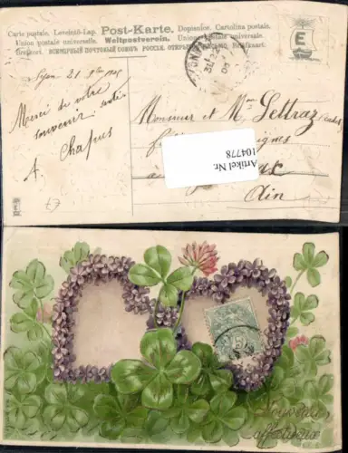 104778,Präge AK Klee Kleeblatt Herzen aus Blumen Neujahr