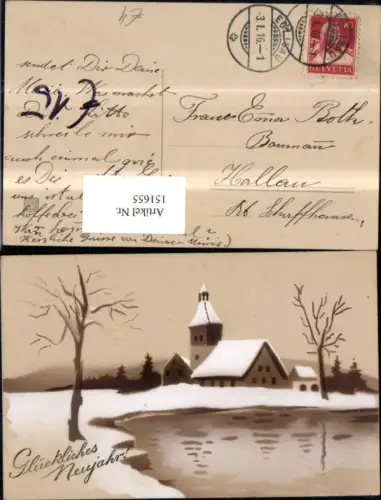 151655,Neujahr Winterlandschaft Kirche a. See Baum Glitzerschrift