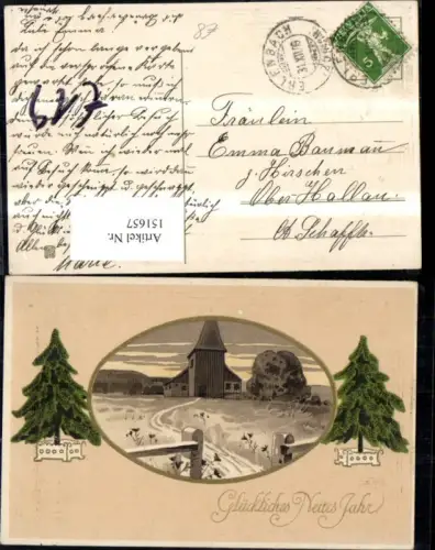 151657,Neujahr Präge Ak Landschaft Kirche i. Rahmen Tannenbäume Goldverzierung