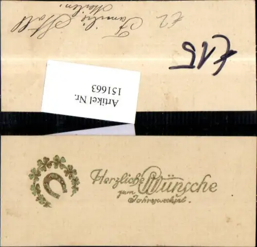 151663,Neujahr Präge Karte Hufeisen Klee Kleeblatt Goldverzierung
