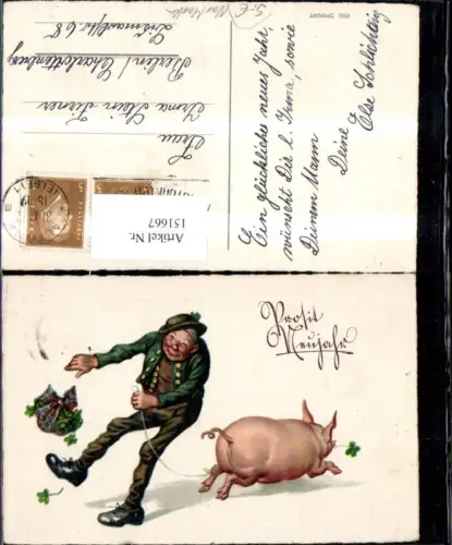 151667,Neujahr Mann m. Schwein a. d. Leine Kleeblattstrauß Klee Kleeblatt
