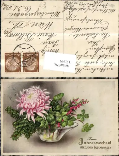 151669,Neujahr Blumenschale Vase m. Blumen Klee Kleeblatt Tannenzweig Glitzerschrift pub Erika