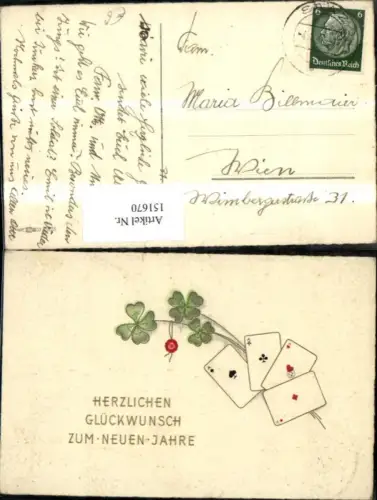 151670,Neujahr Spielkarten Asse Klee Kleeblatt Glitzerschrift