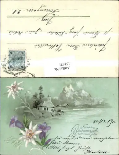 151671,Neujahr Landschaft Kirche m. Berg u. Blumen Edelweiss Enzian