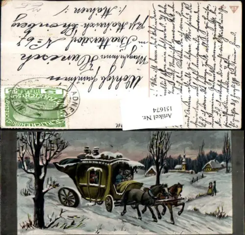 151674,Neujahr Passepartout Winterlandschaft m. Kutsche Personen Pferde Kirche