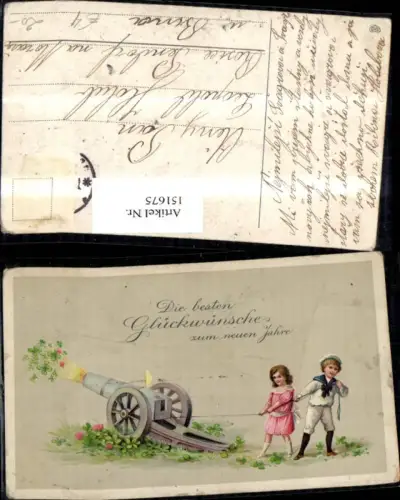 151675,Neujahr Kinder Matrosenanzug Matrose m. Kanone Schuss aus Klee Kleeblatt
