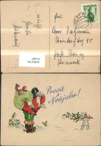 151687,Neujahr Mann m. Sack Geschenke schaut Mann m. schmelzenden Weihnachtsbaum Tannenbaum hinterher Vogel