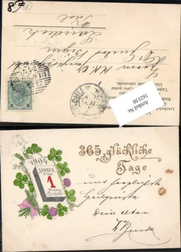162130,Neujahr Präge Litho Kalender Kleeblatt Klee