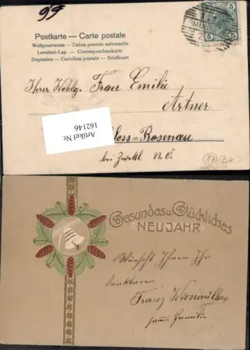 162146,Neujahr Glocke Zapfen Präge Litho