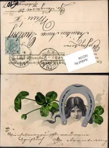 162156,Neujahr Kleeblatt Hufeisen Frau Frauenkopf Litho