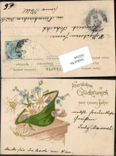 162164,Neujahr Schöne Präge Litho Edelweiss in Hut