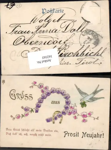 162165,Neujahr Tolle Präge Litho Vogel Klee Hufeisen aus Blumen