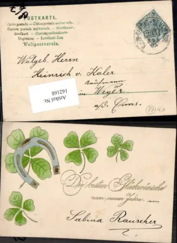 162168,Neujahr Präge Litho Hufeisen Klee Kleeblatt Bahnpost Klein Reifling St Valentin 234