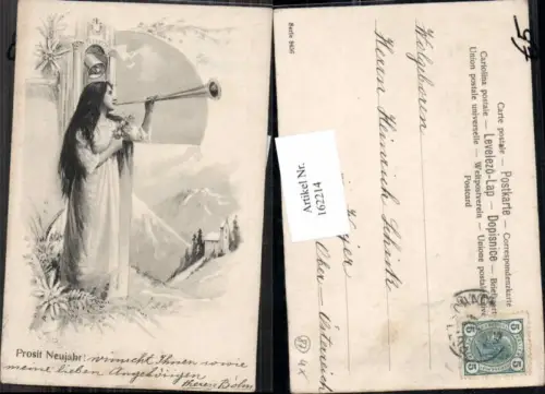 162214,Neujahr Jugendstil Mädchen Trompete Glocke