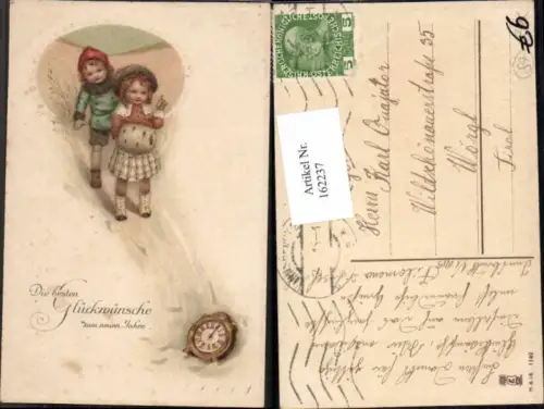 162237,Neujahr Litho Kinder Uhr im Schnee