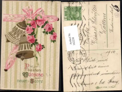 162238,Neujahr Präge Litho Glocken Blumen Rosen