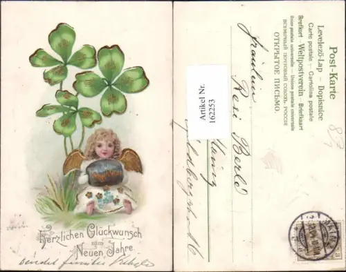 162253,Neujahr Präge Litho Engel m. Klee Kleeblätter