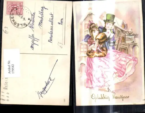 179542,Künstler Ak Junges Paar Kleid Anzug Muff Zylinderhut Hut Winterstadt Gelukkig Nieuwjaar Neujahr